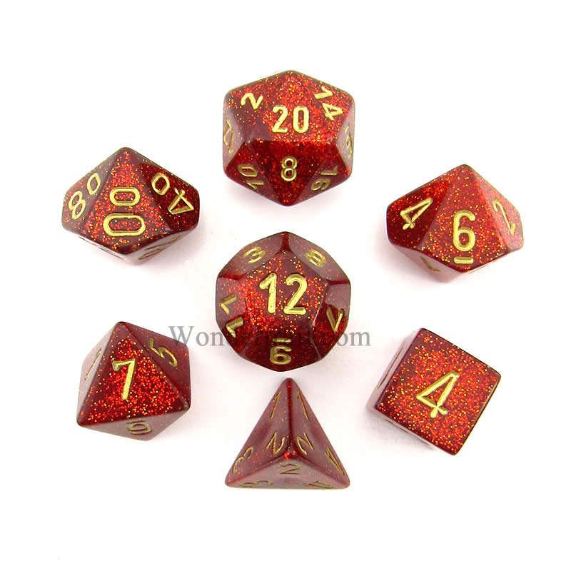 CHX27504 Ruby Glitter Dice with Gold Numbers 16mm (5/8in) Set of 7 (ONLINE ORDER ONLY)