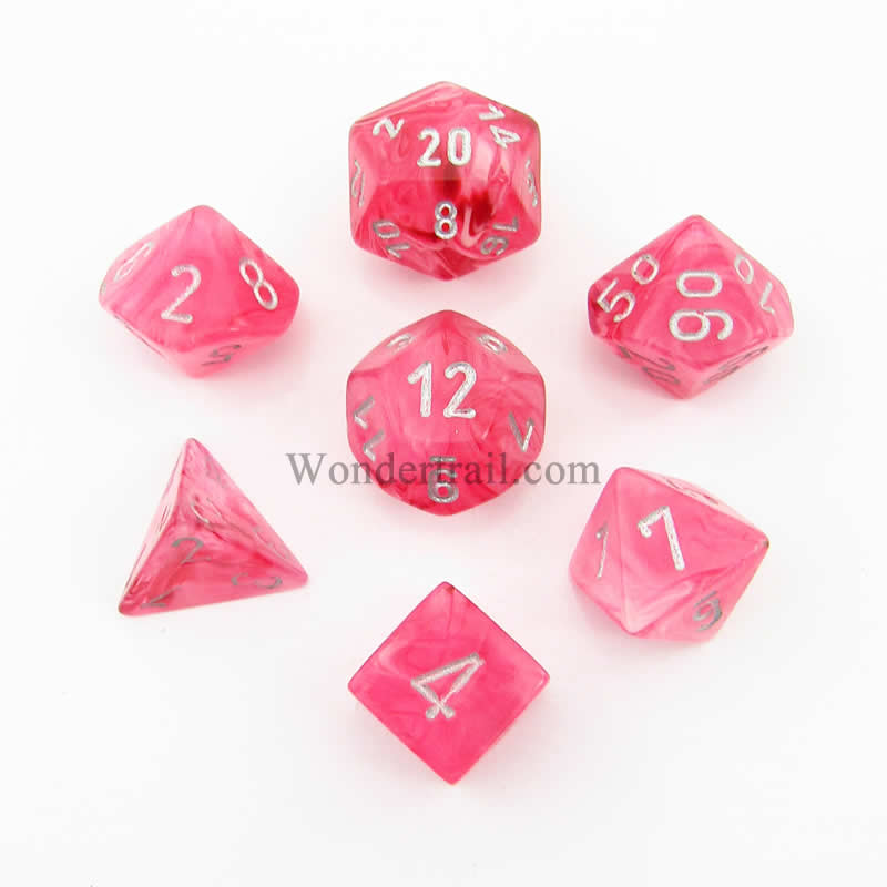CHX27524 Pink Ghostly Glow Dice Silver Numbers 16mm (5/8in) Set of 7 (ONLINE ORDER ONLY)