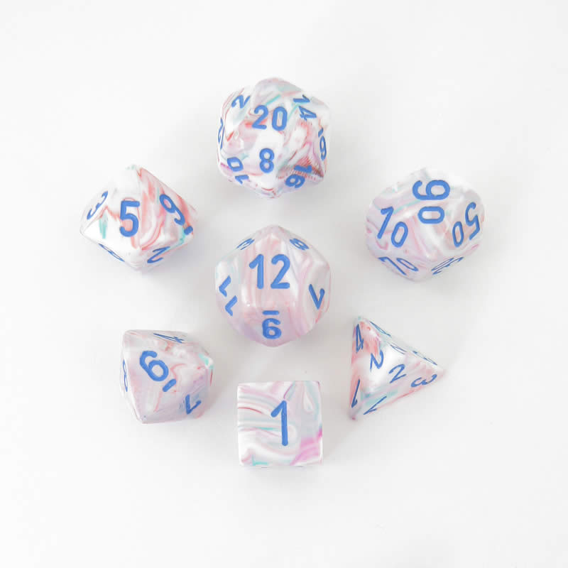 CHX27544 Pop Art Festive Dice with Blue Numbers 16mm (5/8in) Set of 7 (ONLINE ORDER ONLY)
