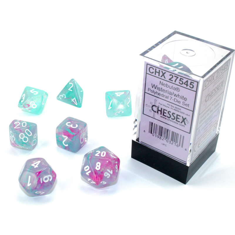 CHX27545 Wisteria Nebula Luminary Dice White Numbers 16mm Set of 7 (ONLINE ORDER ONLY)