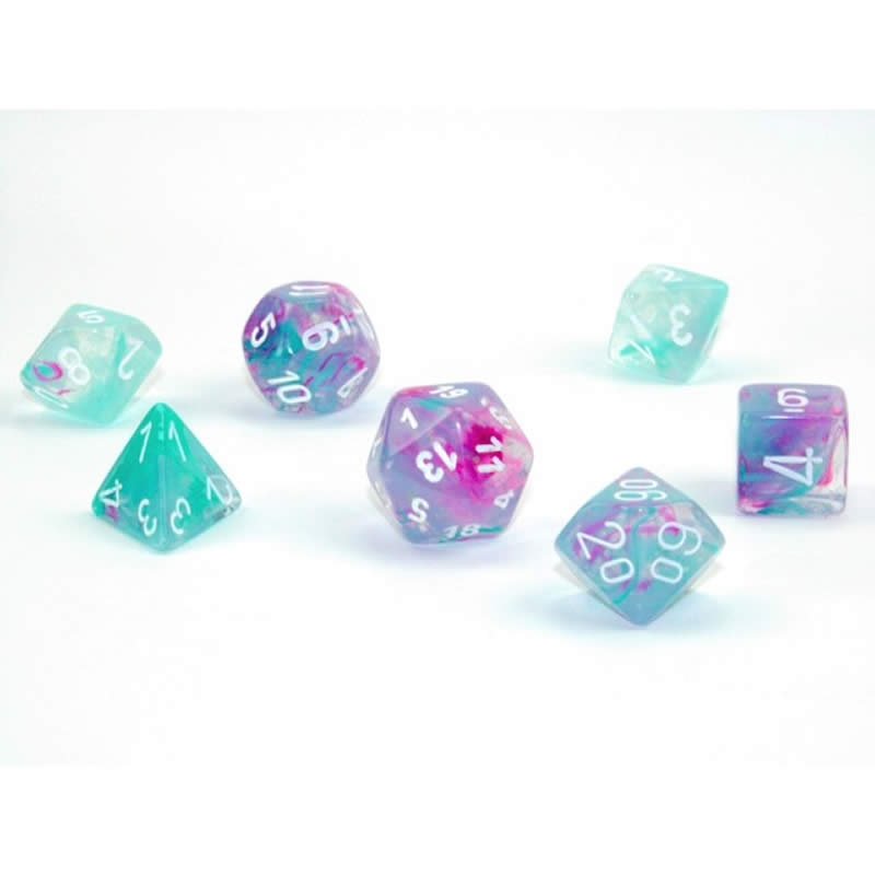 CHX27545 Wisteria Nebula Luminary Dice White Numbers 16mm Set of 7 (ONLINE ORDER ONLY)