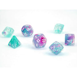 CHX27545 Wisteria Nebula Luminary Dice White Numbers 16mm Set of 7 (ONLINE ORDER ONLY)