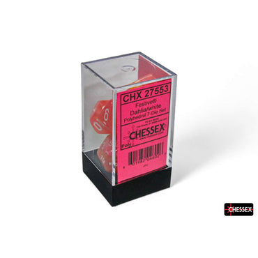 CHX27553 Dahlia Festive Luminary Dice with White Numbers 16mm (5/8in) Set of 7 (ONLINE ORDER ONLY)