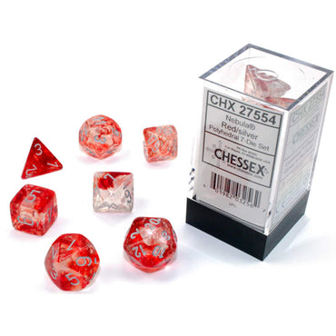 CHX27554 Red Nebula Luminary Dice Silver Numbers 16mm (5/8in) Set of 7 (ONLINE ORDER ONLY)