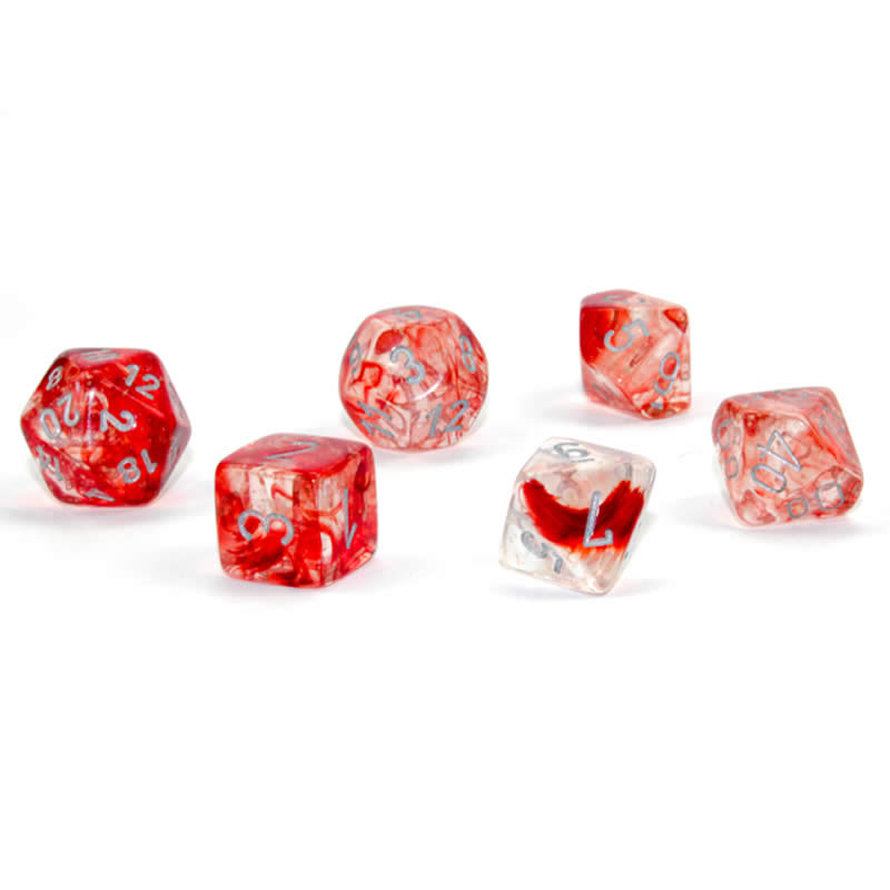 CHX27554 Red Nebula Luminary Dice Silver Numbers 16mm (5/8in) Set of 7 (ONLINE ORDER ONLY)