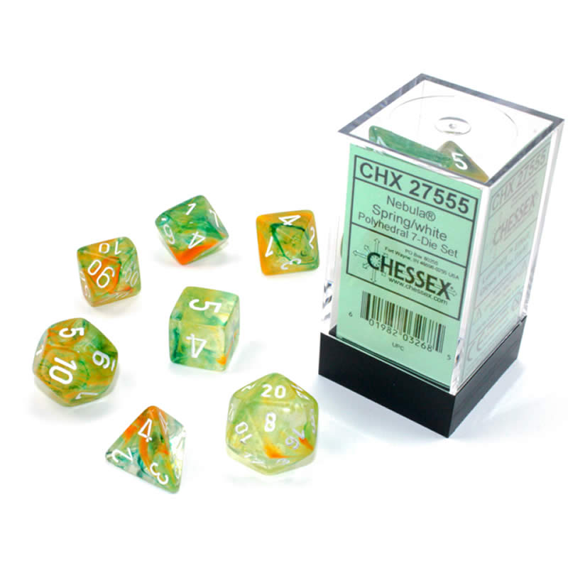 CHX27555 Spring Nebula Luminary Dice White Numbers 16mm (5/8in) Set of 7 (ONLINE ORDER ONLY)