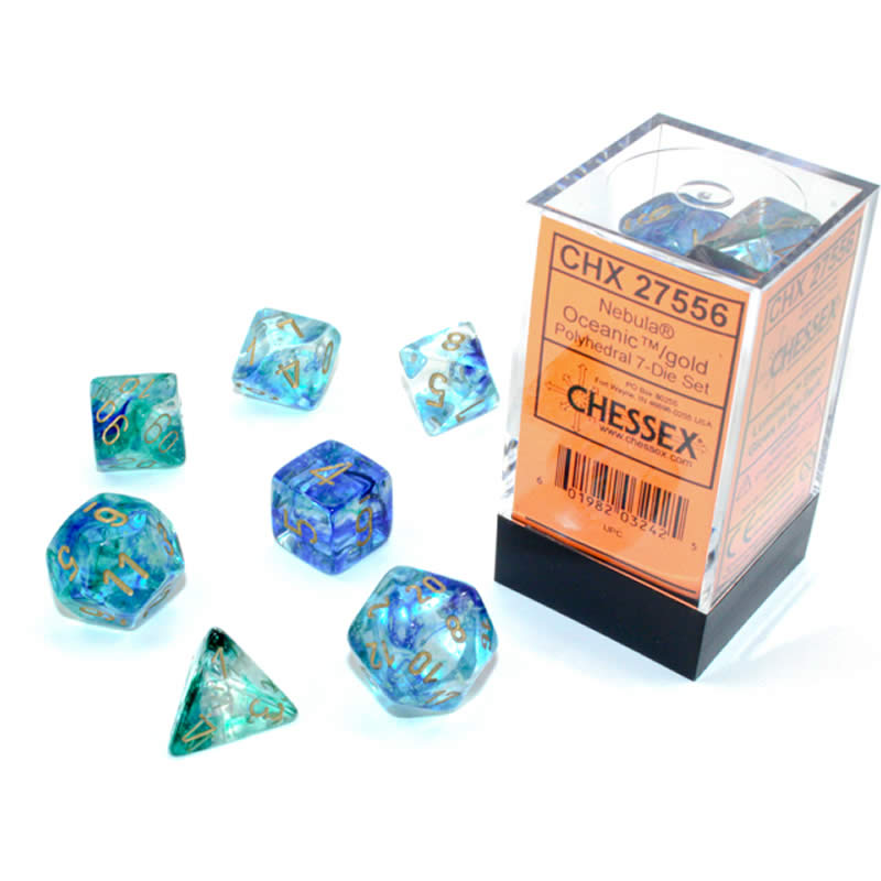 CHX27556 Oceanic Nebula Luminary Dice Gold Numbers 16mm (5/8in) Set of 7 (ONLINE ORDER ONLY)