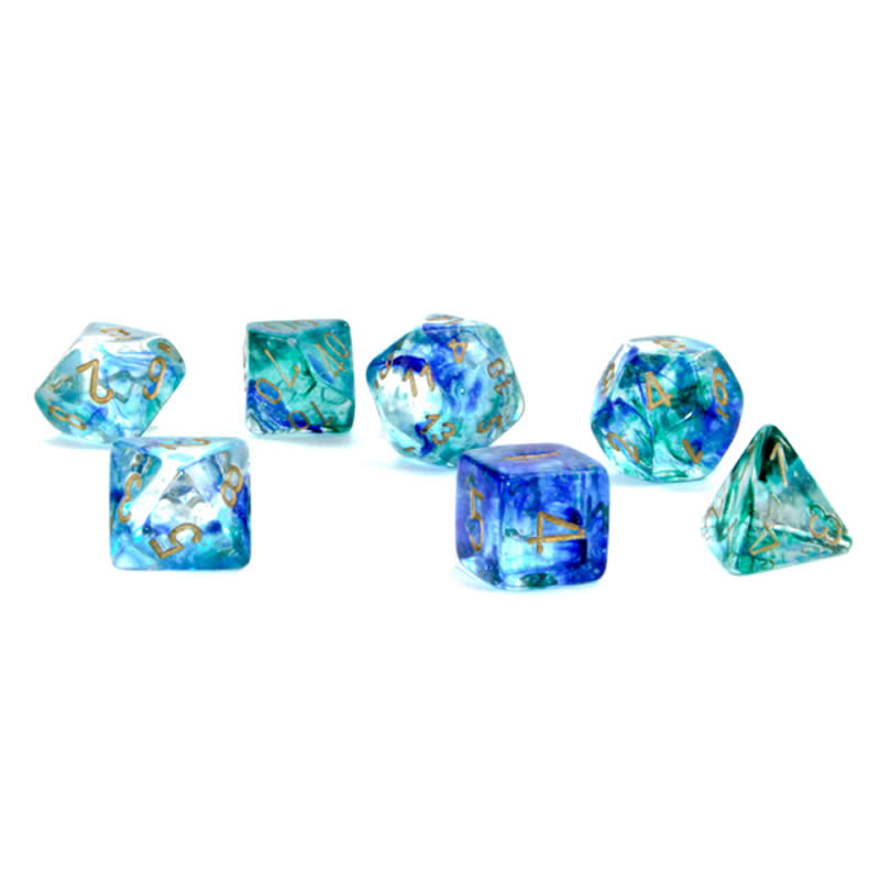 CHX27556 Oceanic Nebula Luminary Dice Gold Numbers 16mm (5/8in) Set of 7 (ONLINE ORDER ONLY)