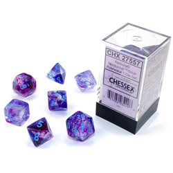 CHX27557 Nocturnal Nebula Luminary Dice Blue Numbers 16mm (5/8in) Set of 7 (ONLINE ORDER ONLY)
