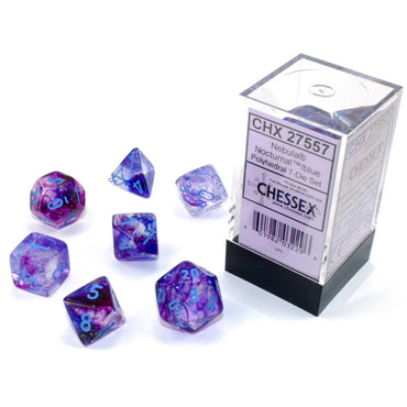 CHX27557 Nocturnal Nebula Luminary Dice Blue Numbers 16mm (5/8in) Set of 7 (ONLINE ORDER ONLY)