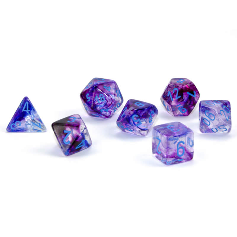 CHX27557 Nocturnal Nebula Luminary Dice Blue Numbers 16mm (5/8in) Set of 7 (ONLINE ORDER ONLY)