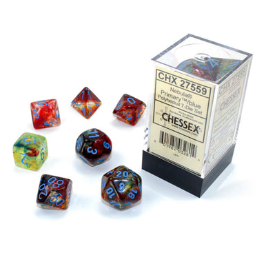 CHX27559 Primary Nebula Luminary Dice Blue Numbers 16mm (5/8in) Set of 7 (ONLINE ORDER ONLY)