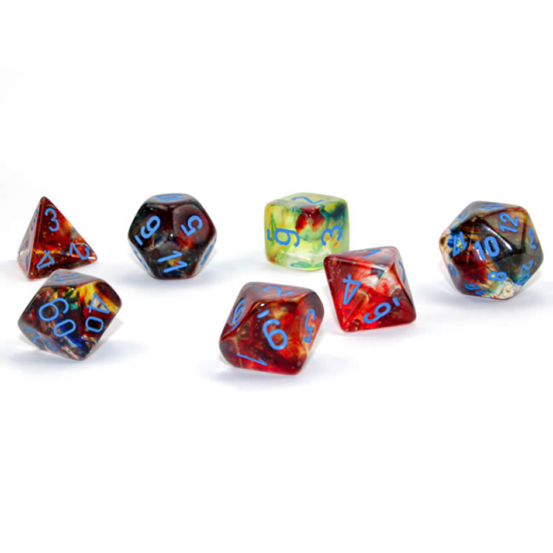 CHX27559 Primary Nebula Luminary Dice Blue Numbers 16mm (5/8in) Set of 7 (ONLINE ORDER ONLY)