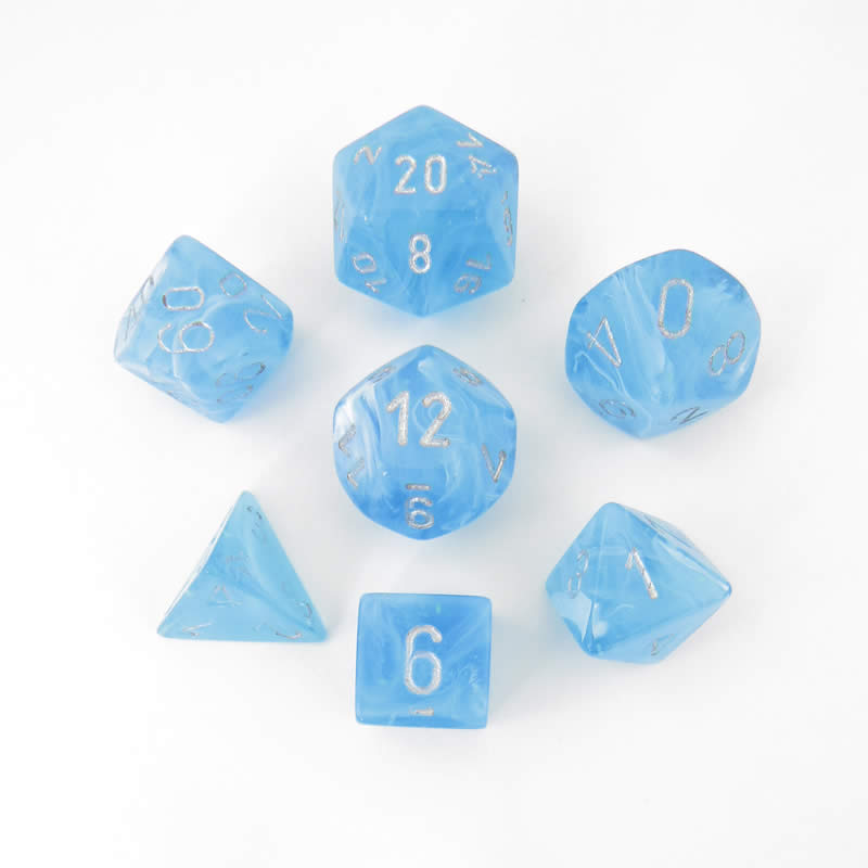 CHX27566 Sky Borealis Dice Luminary Silver Numbers 16mm (5/8in) Set of 7 (ONLINE ORDER ONLY)