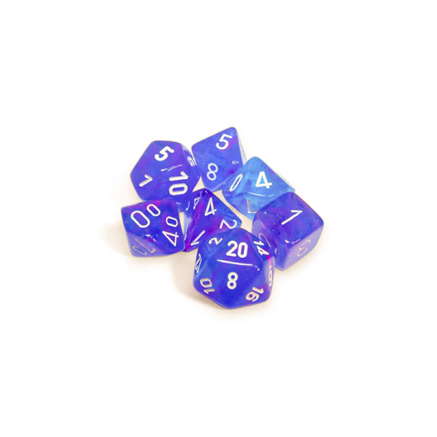 CHX27567 Aura Nebula Luminary Dice with White Numbers 16mm (5/8in) Set of 7 (ONLINE ORDER ONLY)