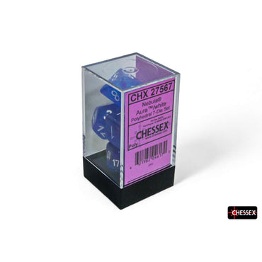 CHX27567 Aura Nebula Luminary Dice with White Numbers 16mm (5/8in) Set of 7 (ONLINE ORDER ONLY)