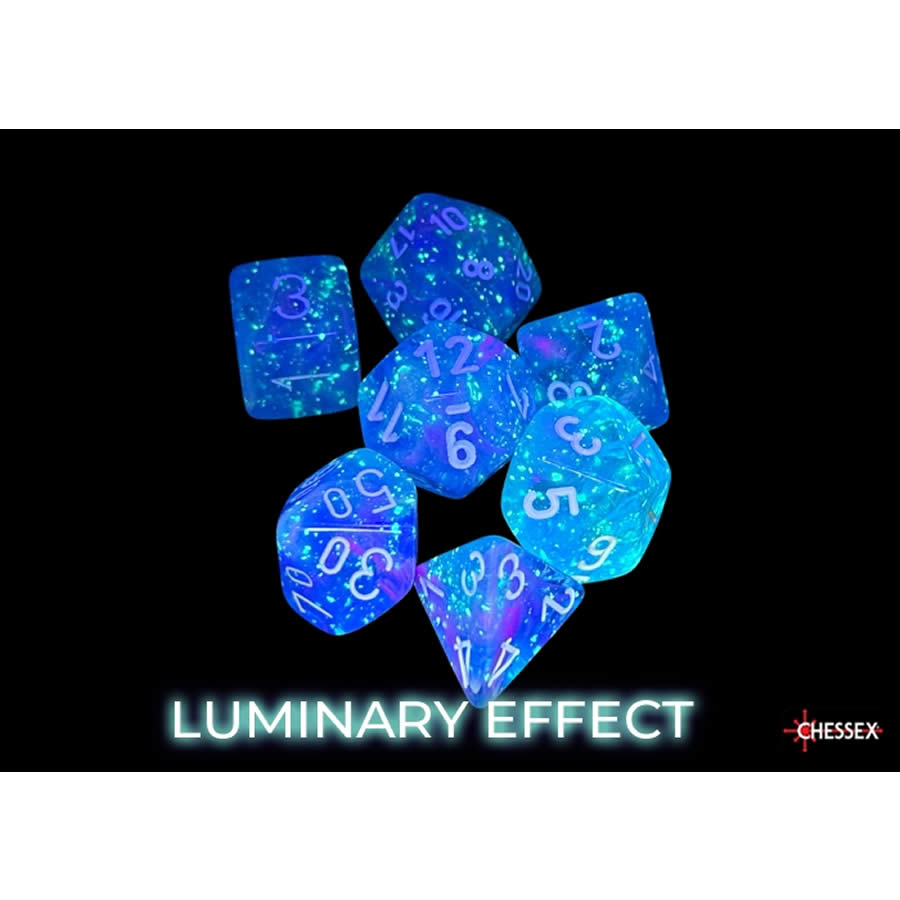 CHX27567 Aura Nebula Luminary Dice with White Numbers 16mm (5/8in) Set of 7 (ONLINE ORDER ONLY)