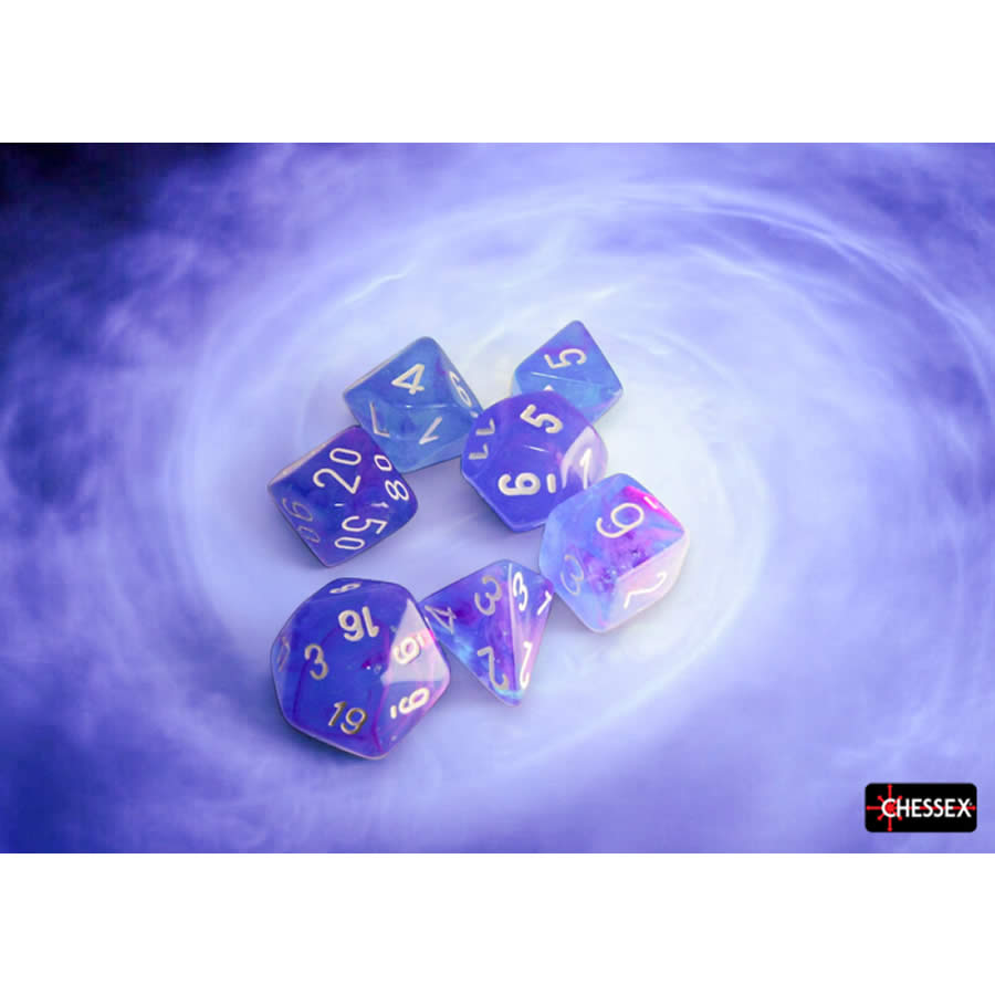 CHX27567 Aura Nebula Luminary Dice with White Numbers 16mm (5/8in) Set of 7 (ONLINE ORDER ONLY)
