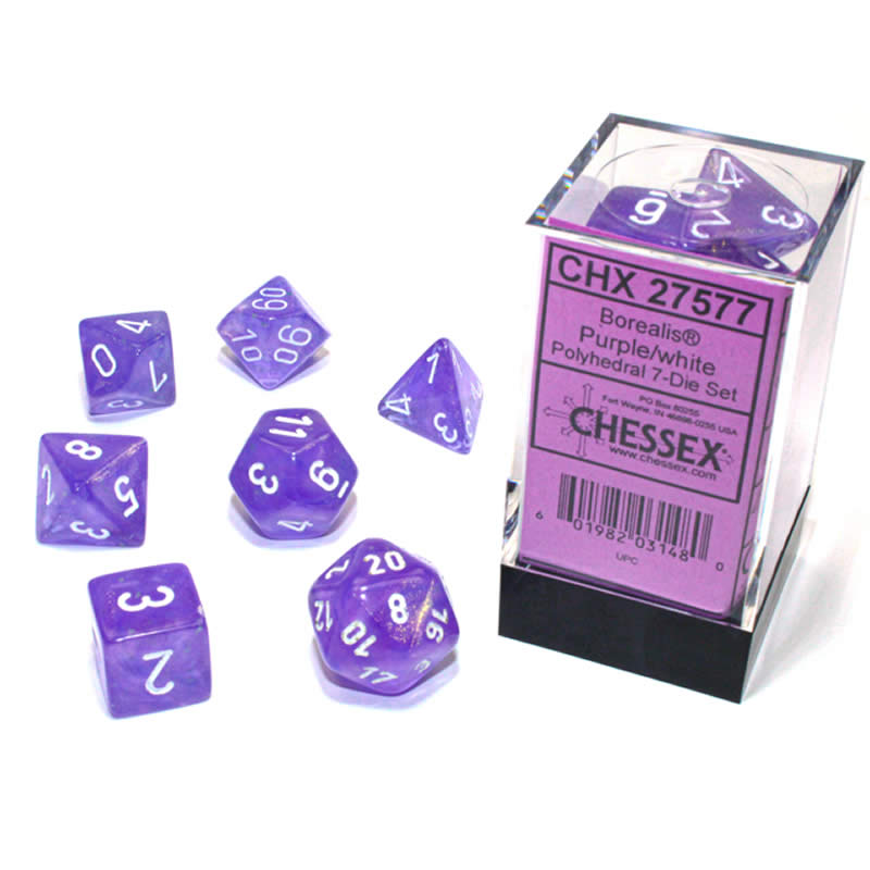 CHX27577 Purple Borealis Dice Luminary White Numbers 16mm (5/8in) Set of 7 (ONLINE ORDER ONLY)