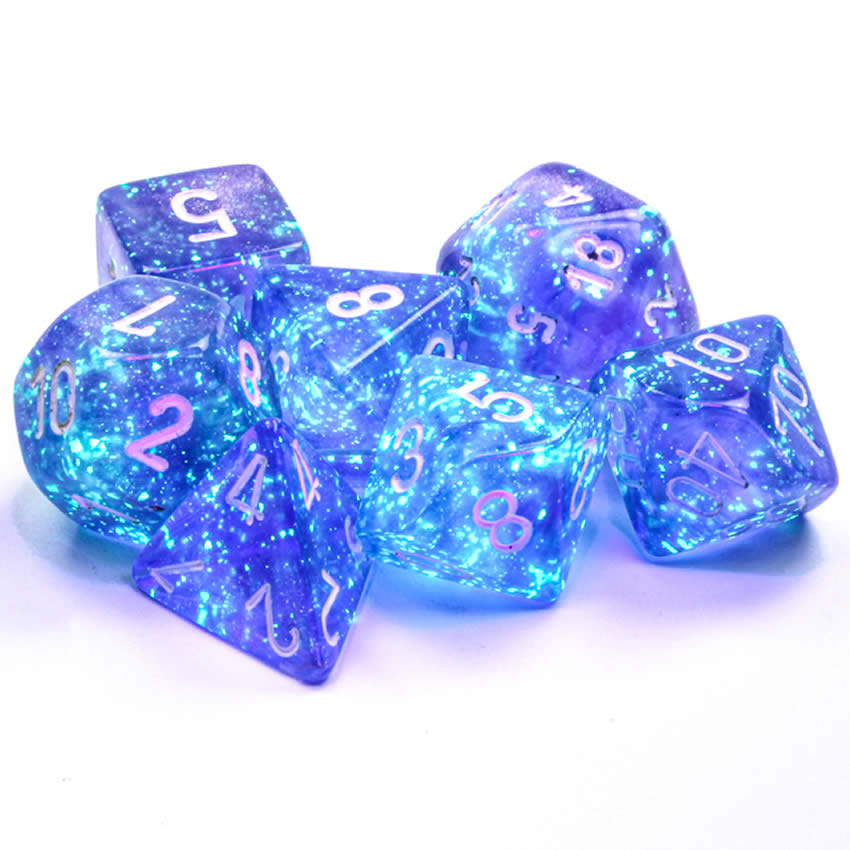CHX27577 Purple Borealis Dice Luminary White Numbers 16mm (5/8in) Set of 7 (ONLINE ORDER ONLY)
