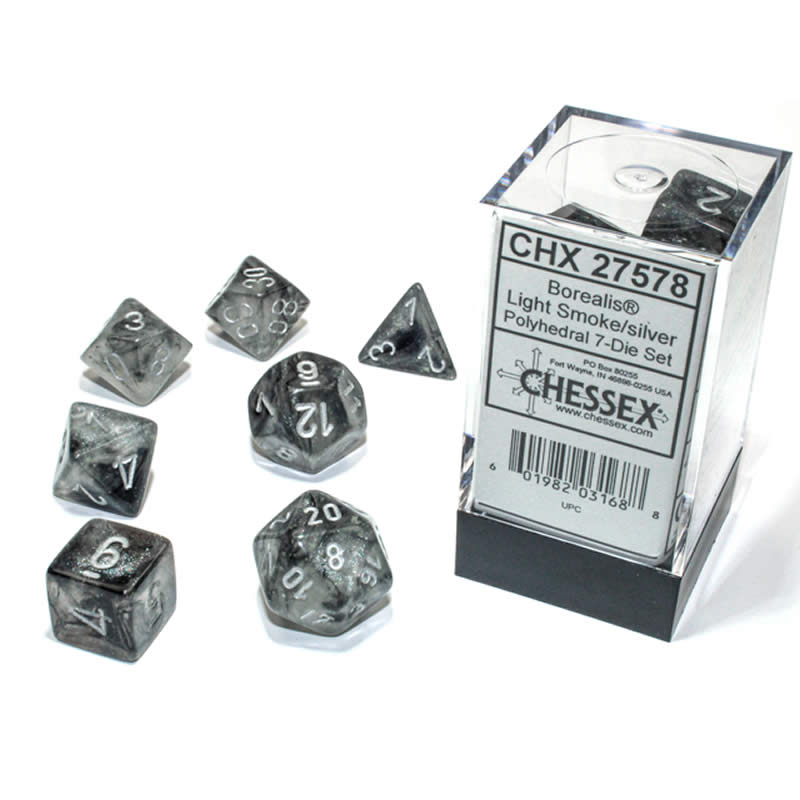 CHX27578 Light Smoke Borealis Dice Luminary Silver Numbers 16mm (5/8in) Set of 7 (ONLINE ORDER ONLY)