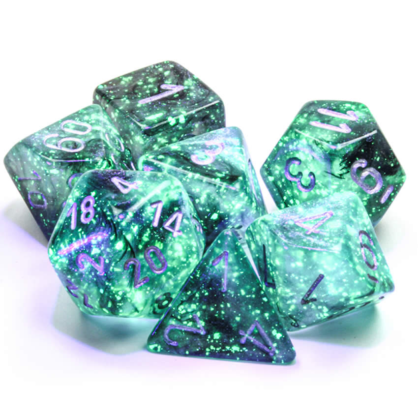 CHX27578 Light Smoke Borealis Dice Luminary Silver Numbers 16mm (5/8in) Set of 7 (ONLINE ORDER ONLY)