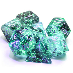 CHX27578 Light Smoke Borealis Dice Luminary Silver Numbers 16mm (5/8in) Set of 7 (ONLINE ORDER ONLY)