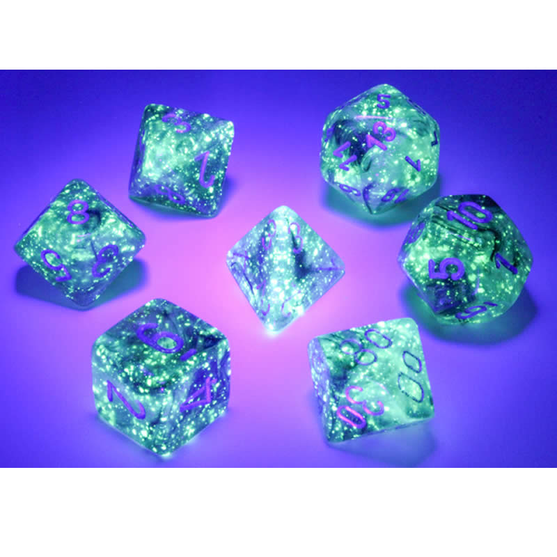 CHX27578 Light Smoke Borealis Dice Luminary Silver Numbers 16mm (5/8in) Set of 7 (ONLINE ORDER ONLY)