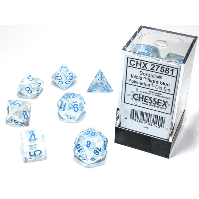 CHX27581 Icicle Borealis Dice Luminary Light Blue Numbers 16mm (5/8in) Set of 7 (ONLINE ORDER ONLY)