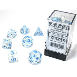 CHX27581 Icicle Borealis Dice Luminary Light Blue Numbers 16mm (5/8in) Set of 7 (ONLINE ORDER ONLY)