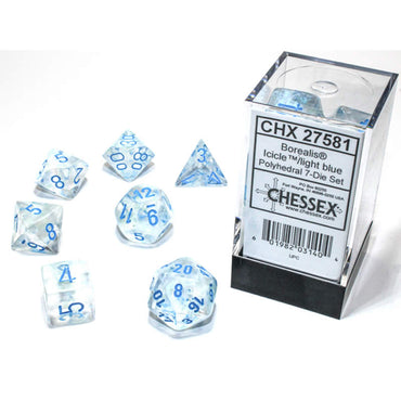 CHX27581 Icicle Borealis Dice Luminary Light Blue Numbers 16mm (5/8in) Set of 7 (ONLINE ORDER ONLY)