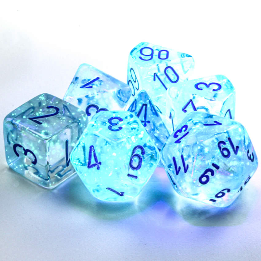 CHX27581 Icicle Borealis Dice Luminary Light Blue Numbers 16mm (5/8in) Set of 7 (ONLINE ORDER ONLY)
