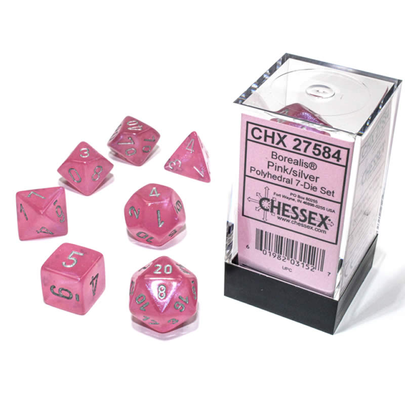 CHX27584 Pink Borealis Dice Luminary Silver Numbers 16mm (5/8in) Set of 7 (ONLINE ORDER ONLY)