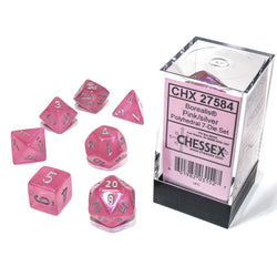 CHX27584 Pink Borealis Dice Luminary Silver Numbers 16mm (5/8in) Set of 7 (ONLINE ORDER ONLY)
