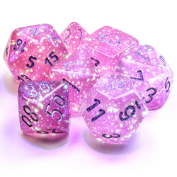 CHX27584 Pink Borealis Dice Luminary Silver Numbers 16mm (5/8in) Set of 7 (ONLINE ORDER ONLY)