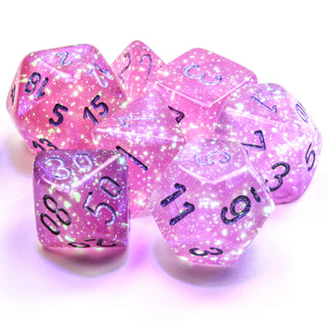 CHX27584 Pink Borealis Dice Luminary Silver Numbers 16mm (5/8in) Set of 7 (ONLINE ORDER ONLY)