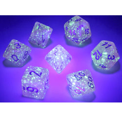 CHX27584 Pink Borealis Dice Luminary Silver Numbers 16mm (5/8in) Set of 7 (ONLINE ORDER ONLY)