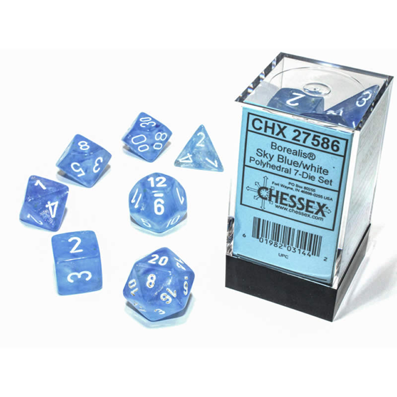 CHX27586 Sky Blue Borealis Dice Luminary White Numbers 16mm (5/8in) Set of 7 (ONLINE ORDER ONLY)
