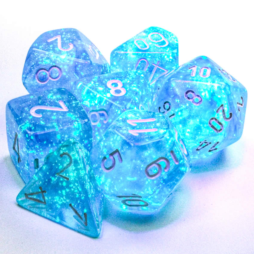 CHX27586 Sky Blue Borealis Dice Luminary White Numbers 16mm (5/8in) Set of 7 (ONLINE ORDER ONLY)