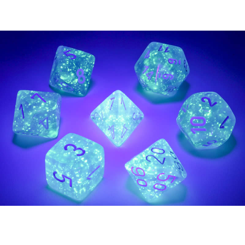 CHX27586 Sky Blue Borealis Dice Luminary White Numbers 16mm (5/8in) Set of 7 (ONLINE ORDER ONLY)