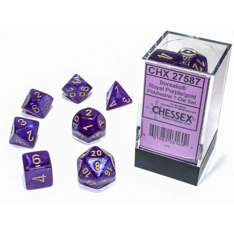 CHX27587 Royal Purple Borealis Dice Luminary with Gold Numbers 16mm (5/8in) Set of 7 Chessex (ONLINE ORDER ONLY)