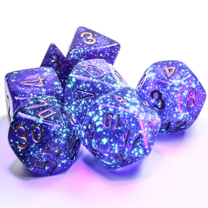 CHX27587 Royal Purple Borealis Dice Luminary with Gold Numbers 16mm (5/8in) Set of 7 Chessex (ONLINE ORDER ONLY)