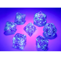 CHX27587 Royal Purple Borealis Dice Luminary with Gold Numbers 16mm (5/8in) Set of 7 Chessex (ONLINE ORDER ONLY)