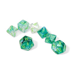 CHX27595 Kelp Borealis Luminary Dice with Light Green Numbers 16mm (5/8in) Set of 7 (ONLINE ORDER ONLY)