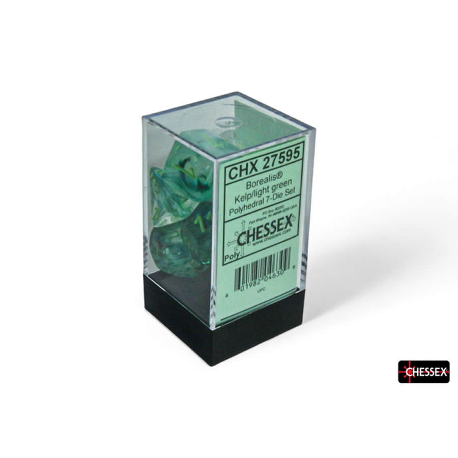 CHX27595 Kelp Borealis Luminary Dice with Light Green Numbers 16mm (5/8in) Set of 7 (ONLINE ORDER ONLY)