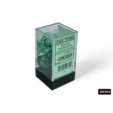 CHX27595 Kelp Borealis Luminary Dice with Light Green Numbers 16mm (5/8in) Set of 7 (ONLINE ORDER ONLY)