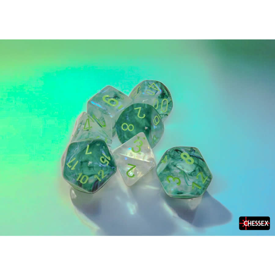 CHX27595 Kelp Borealis Luminary Dice with Light Green Numbers 16mm (5/8in) Set of 7 (ONLINE ORDER ONLY)