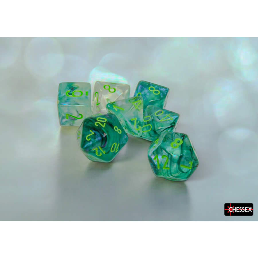 CHX27595 Kelp Borealis Luminary Dice with Light Green Numbers 16mm (5/8in) Set of 7 (ONLINE ORDER ONLY)