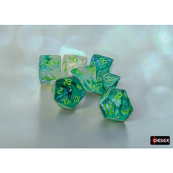 CHX27595 Kelp Borealis Luminary Dice with Light Green Numbers 16mm (5/8in) Set of 7 (ONLINE ORDER ONLY)
