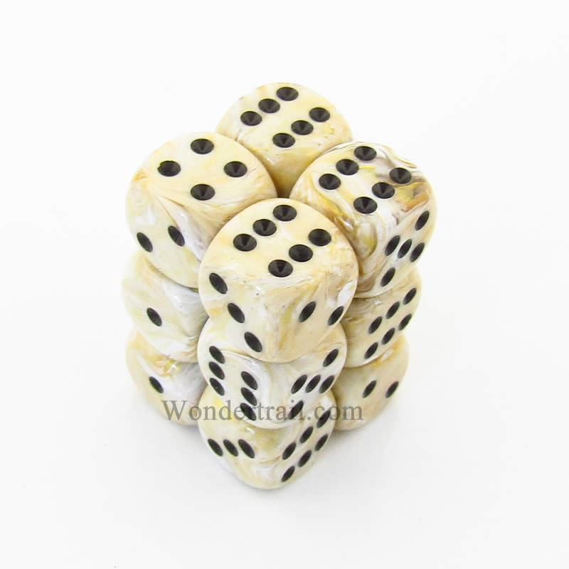 CHX27602 Ivory Marbleized Dice with Black Pips D6 16mm (5/8in) Pack of 12 (ONLINE ORDER ONLY)